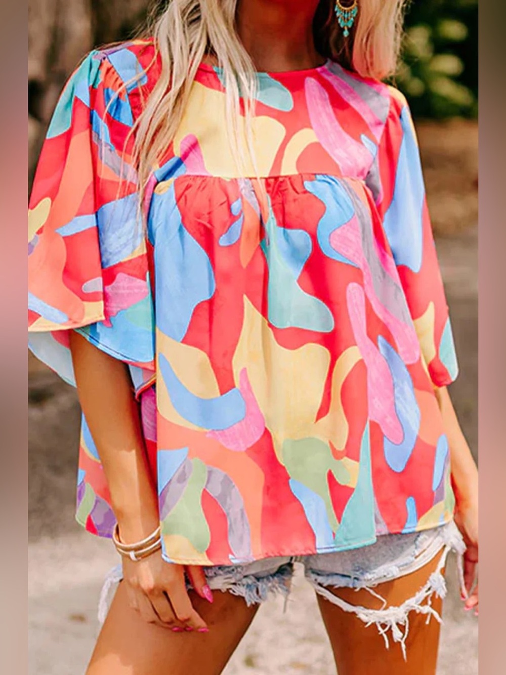 Women’s Colorful Abstract Flutter Sleeve Top